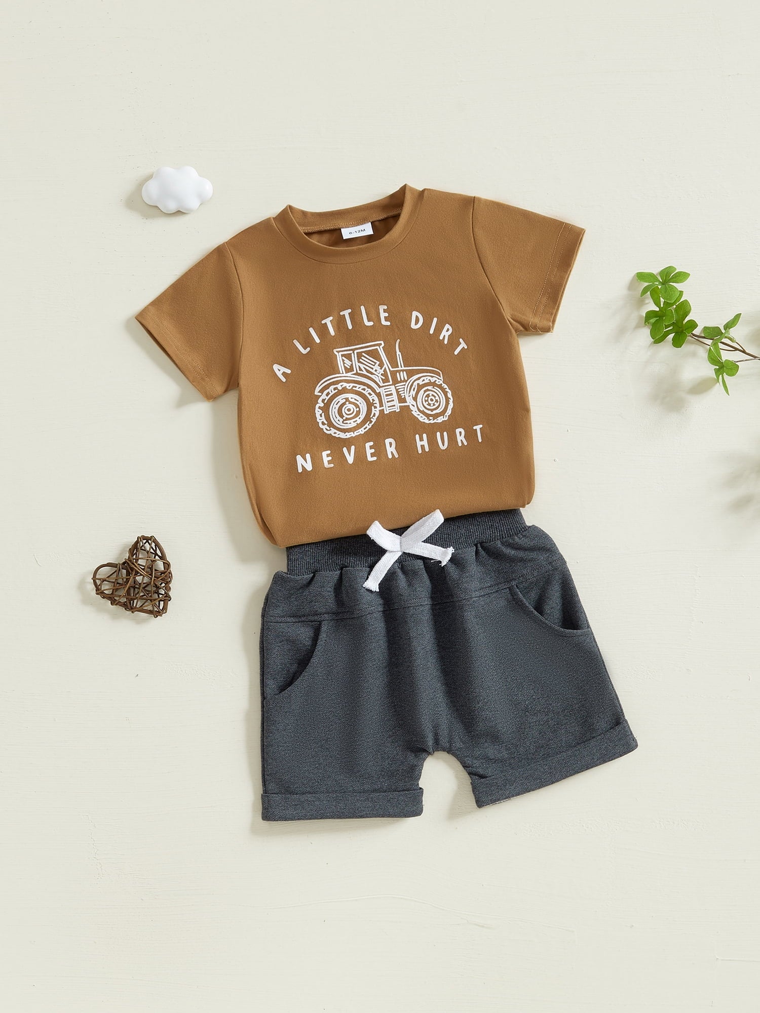 Toddler Baby Boy Summer Clothes Set 6 12 18 24 Months 2T 3T 4T Tractor Letter Print Short Sleeve T-Shirt Elastic Waist Solid Shorts Outfit Sets