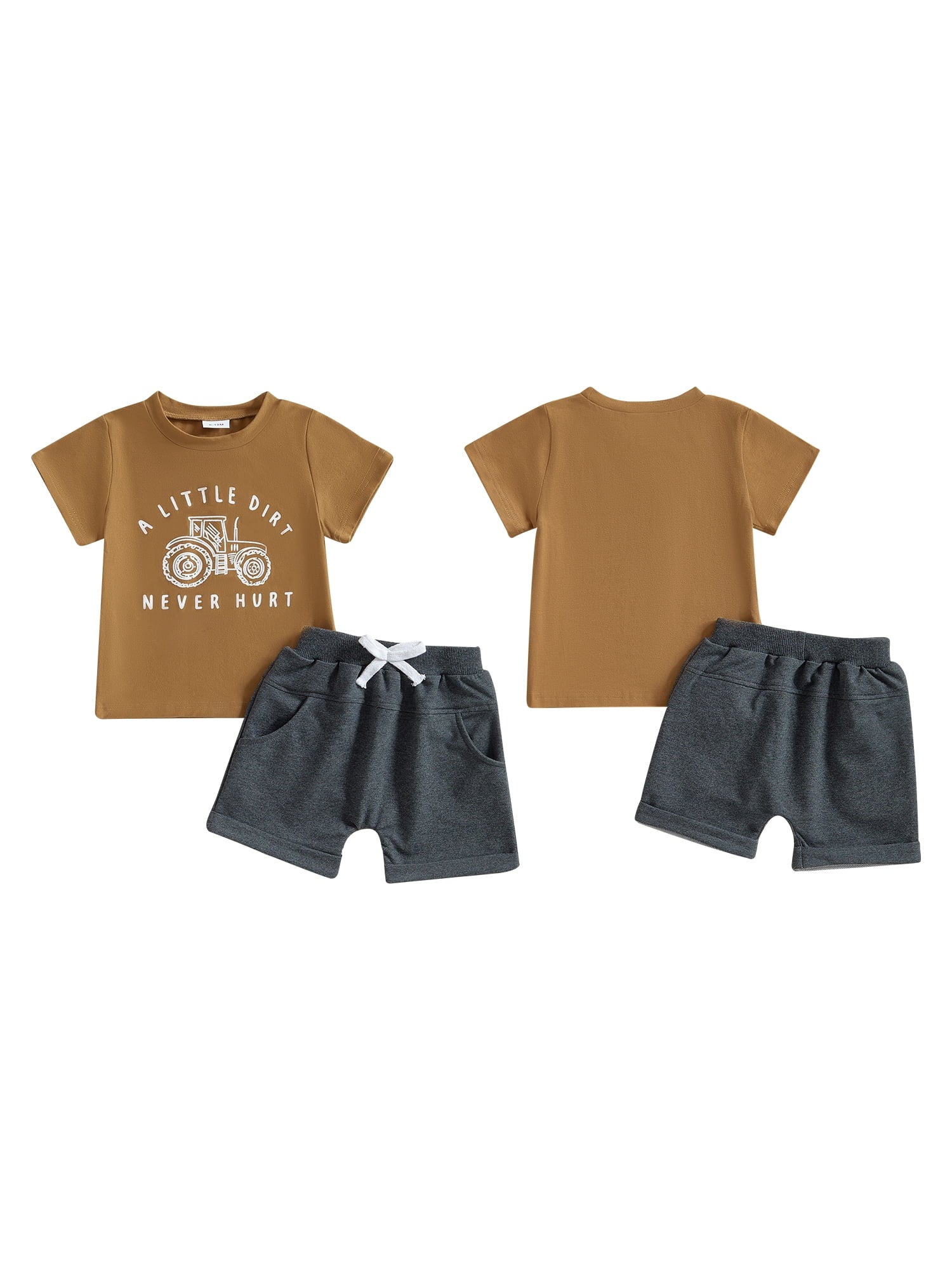 Toddler Baby Boy Summer Clothes Set 6 12 18 24 Months 2T 3T 4T Tractor Letter Print Short Sleeve T-Shirt Elastic Waist Solid Shorts Outfit Sets