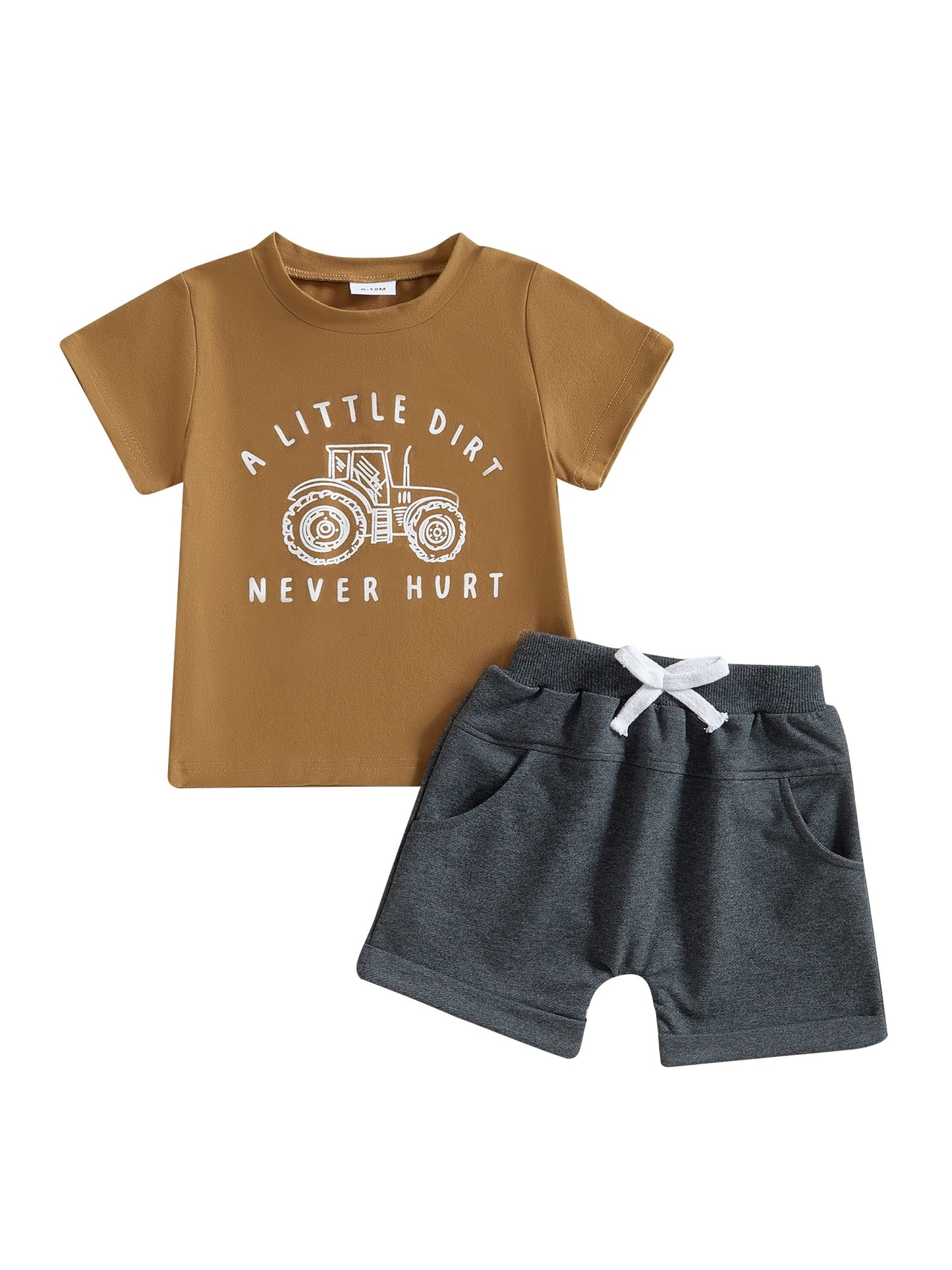 Toddler Baby Boy Summer Clothes Set 6 12 18 24 Months 2T 3T 4T Tractor Letter Print Short Sleeve T-Shirt Elastic Waist Solid Shorts Outfit Sets