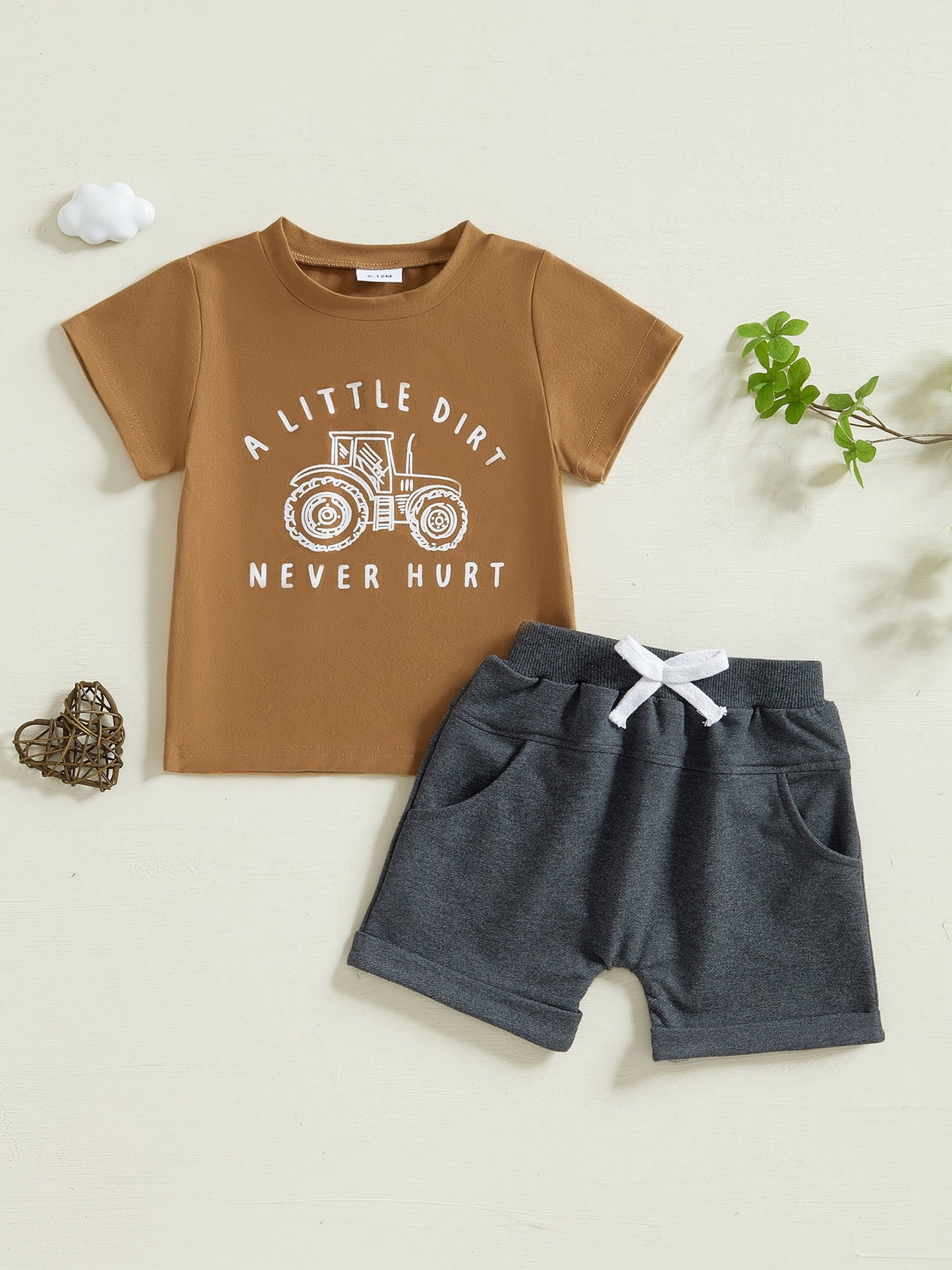 Toddler Baby Boy Summer Clothes Set 6 12 18 24 Months 2T 3T 4T Tractor Letter Print Short Sleeve T-Shirt Elastic Waist Solid Shorts Outfit Sets